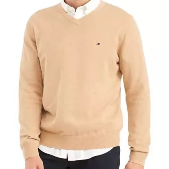 Tommy Hilfiger Signature Solid V-Neck Pullover Sweater, Tan - XL - Picture 1 of 12